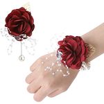 TSKDKIT 2PCS Red Corsage for Wedding and Prom Rose Wrist Corsage Bracelet with Pearl Wrist Band, Ribbon Flower Wrist Corsage for Women, Girls, Bridal, Bridesmaid etc