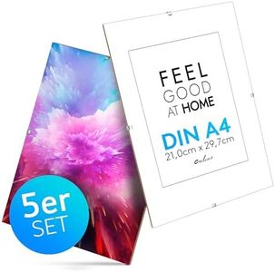 Calias® Pack of 5 DIN A4 Frameless Picture Frameless Clip Frame 21 x 30 cm without Frame with Shatterproof Plexiglass Simple, Elegant and Modern for Photos and Art