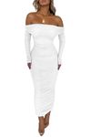 PRETTYGARDEN Women's Fall Off Shoulder Maxi Bodycon Dress Long Sleeve Ruched Fitted Club Dresses with Slit (White,Medium)