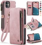 Defencase Wallet Case Compatible with iPhone 11 with RFID Blocking Card Holder for Women Men, Fashion PU Leahter Zipper Magnetic Button Flip Snap Phone Case Compatible with iPhone 11 6.1", Rose Pink