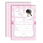 First Holy Communion Religious Party Invitations for Girls (Darker Skin, Black Hair), 20 5"x7" Fill in Cards with Twenty White Envelopes by AmandaCreation