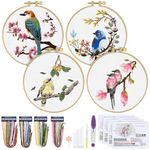 ERKOON 4 Sets Embroidery Starter Kit for Beginners, Cross Stitch Kit with Hummingbird and Flowers, Art Craft Handy Sewing Set, DIY Embroidery Kits with Patterns and Instructions Hoops Needles Threads