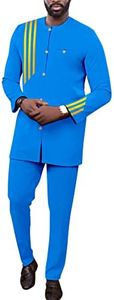 African Suits for Men Single Breasted Embroidery Jacket and Pants 2 Pieces Set Formal Outfits, Light Blue, XX-Large