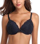 Deyllo Women’s Push Up Lace Bra Comfort Padded Underwire Bra Lift Up Add One Cup(Navy Blue,34C)