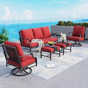 SUNSHINE VALLEY 5 Piece Metal Outdoor Patio Furniture Sets, Patio Conversation Sets 1 3-seater Sofa, 2 Swivel Chairs, 2 Ottomans with 5.75" Thick Cushion, Black All-weather Backyard Furniture Set, Red