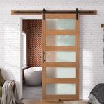 SmartStandard 36 x 84 in Glass Barn Door with 6.6FT Sliding Hardware Kit & Handle, Pre-Drilled Ready to Assemble, Waterproof PVC Coating, Classic Oak, 5-Panel Glass