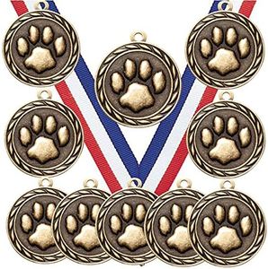 10 Pack of Mascot Paw Print Gold Medals Trophy Award with Neck Ribbons MA