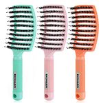 3 Pcs Vented Quick Drying Massage Blow Brush,Boar Bristle Hair Brush Set-Curved,Detangling Hair Brush for Women Long,Thick, Thin, Curly（Green）