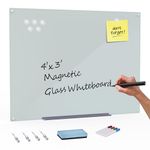 Houseables Glass Dry Erase Board, Frosted Whiteboard, Magnetic, 121.92 cm x 91.44 cm, White Boards, Glassboard, Clear Frameless Display, Modern, Wall Mount, 4 Markers, Marker Tray, 1 Eraser, 6 Magnets