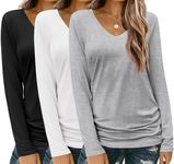 Zeagoo 3 Pack Womens T Shirts V Neck Long Sleeve Shirt Casual Tops Soft Solid Basic Tee Fall Outfits S-XXL Black, White, Grey