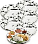 URBAN KRAFT 5in1 Stainless Steel Plates with Compartments/Bhojan Thali/Round Sinduri Partition Plate Set of 6 / Steel Plates for Lunch/Dinner - Extra Deep Mess Tray (Pack of 6 Diameter 31cm)