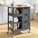 YITAHOME Small Solid Wood Top Kitchen Island Cart on Wheels with Storage, Rolling Portable Dining Room Serving Utility Carts Mobile Movable with 3 Drawers Cabinet, Gray