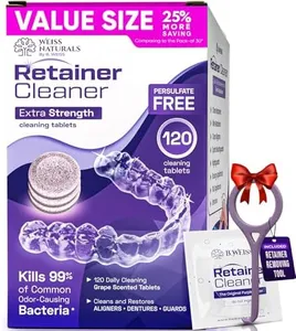 Weiss Naturals Retainer Cleaner Tablets, Invisalign Cleaner, Remove Stains, Odors & Plaque, PERSULFATE FREE Night Guard & Denture Cleaner 4-Month Supply, 120 Grape Scented Tablets