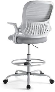 Sweetcrispy Tall Drafting Desk Chair - Ergonomic High Stool Computer with Adjustable Height and Comfy Lumbar Support, Office Rolling Counter for Standing Desk with Flip-up Arm and Footrest, Grey