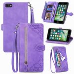 Furiet Compatible with iPhone 6/6s/7/8/SE 2020 2022 Wallet Case Wrist Strap Lanyard Leather Flip Card Holder Stand Phone Cover for i Six Seven 6a i6 i7 i8 7s 8s SE2020 SE2 2 SE2022 SE3 3 Women Purple