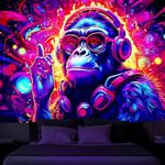 Blacklight Tapestry for Bedroom DJ Gorilla Music Trippy Aesthetic Fantasy Funny Wall Hanging Decor UV Reactive Black Light Animal Tapestries Art Mural Living Room Dorm Blankets Party Gifts