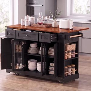 SONDERVIBE 53" Farmhouse Kitchen Cart with Power Outlet, Drop Leaf & Wheels (Black)