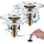 Hibbent 2 Pack All Metal Universal Bathroom Sink Stopper, for 1''~1.8'' Basin Pop Up Sink Drain Strainer, Upgraded Brass Bullet Core Push Type Sink Stopper, Anti Clogging Drain Filter, Chrome