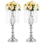 NUPTIO Silver Vase for Tables Centrepieces: 2 Pcs 49cm Tall Metal Crystal Flower Stand Vases Wedding Centerpiece Birthday Party Anniversary Housewarming Decorations