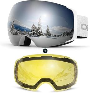 Odoland Magnetic Interchangeable Ski Goggles with 2 Lens, Large Spherical Frameless Snow Snowboard Goggles for Men Women, White Frame Sliver Lens
