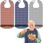 FERSTALO Adult Bibs for Eating, Waterproof and Reusable Clothing Protectors with Detachable Crumb Catcher, Washable Adult Bibs for Elderly Men and Women, Checkered, 3 Pack