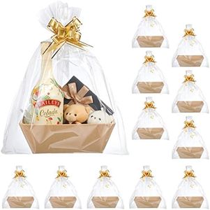 44 Pcs Basket for Gifts Empty Gift Basket Kit Include 12 Gift Basket Empty 12 Plastic Bags for Gift Baskets and 20 Pull Bows for Wedding Thanksgiving Christmas Party Gift Wrapping (Gold,Solid)