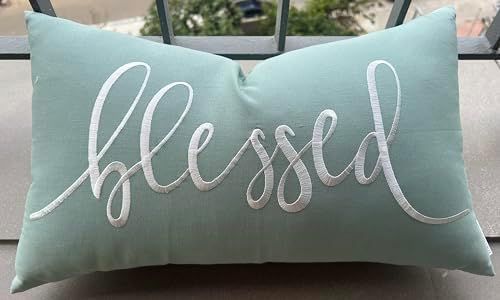EURASIA DECOR Blessed Embroidered Decorative Lumbar Accent Throw Pillowcase - Bedroom, Living Room, Couch, New Home Decor - 12x20 Inches, Light Teal