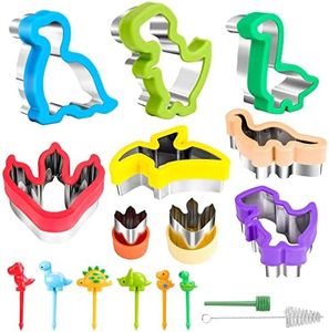 FUNGYAND Dinosaur Cookie Cutters Set, Including 9 pcs Stainless Steel Sandwich Cutters Cookie Cutters for Kitchen Baking, 6 pcs Dinosaur Shaped Food Picks, Biscuits Vegetables Fruit Cutters Baking Mold