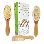 Mocokkiti 3 Piece Wooden Baby Hair Brush and Comb Set for Newborn - Natural Wooden Hairbrush with Soft Goat Bristles for Cradle Cap - Perfect Scalp Grooming Product for Infant, Toddler, Kids - Baby