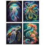 Muzagroo Art 5D Diamond Painting Kits for Adults, DIY Diamond Art Kits for Beginners, Marine Animals Arts and Crafts for Living Room, Kids Room 4 PCS Wall Art