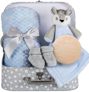 Baby Boy Gift Set New Born Baby Gift Baby Blue Deer Fawn Security Blanket Soft Fleece, Suitcase Keepsake Box Blanket Booties & Baby Gift Basket – Unique Present for Baby Shower & Newborn Lovey Welcome