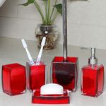 TUANYO 5 Pcs Red Acrylic Bathroom Accessories Set Complete, Lotion/Soap Dispenser, Soap Dish, Toothbrush Holder, Tumbler, Toilet Brush and Holder, Modern Bathroom Decor and Housewarming Gift Set,Red