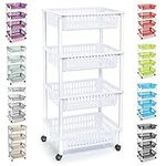 Plastic Storage Trolley Unit With Wheels Utility Vegetable Rack Fruit Basket Kitchen Cart Corner Shelf for Kitchen Bedroom Bathroom Living Room Office (4-tier - White)