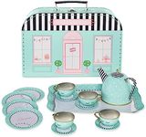 HearthSong 15-Piece Weekend in Paris-Themed Pretend-Play Tin Tea Set, Includes Teapot, 4 Plates, 4 Cups, 4 Saucers, Serving Tray and Carrying Case