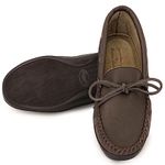 Laurentian Chief Moccasins with 8-Hole Collar for Men – Stylish and Comfortable House Slippers with Brown Rubber Sole – Leather Indoor and Outdoor Slippers (Fudge, numeric_9)