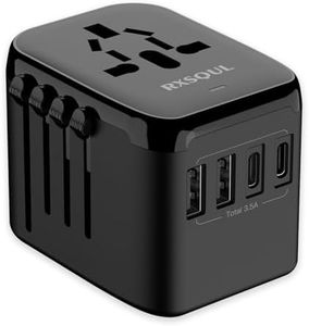 RXSQUL Universal International Power Travel Plug Adapter, 5 in 1 European Travel Plug Adapter W/ 3.5A 2xUSB-A and 2xUSB C Wall Charger and Worldwide AC Outlet for Europe USA UK AUS Asia-Black