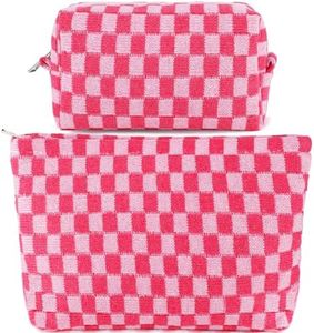 ZLFSRQ 2Pcs Checkered Makeup Bag for Women Large Cosmetic Bag Set Travel Toiletry Bag Makeup Pouch Bag for Purse Pink Zipper Storage Bag Organizer Cute Small Aesthetic Girls Car Essentials Bag