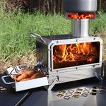 GoHawk Portable Wood Burning Camp Stove Mini Heater Burner with Fireproof Glass Window 304 Stainless Steel Cooking Oven Grill Heating Tray for BackPacking Camping Tent Fishing Hiking Picnic BBQ