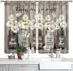 Yirasnezy Farmhouse Floral Kitchen Curtains Butterfly Daisy Flower Rustic Vintage Inspirational Small Short Cafe Window Curtains Wooden Country Quotes Bathroom Tier Window Treatment Drapes 28x39 Inch