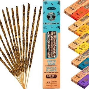 Incienso Natural - Entre 8 y 10 Varillas de Incienso orgánico Ullas - inciensos Naturales Hechos a Mano - varitas de Larga duración (60 min) (25gr/Caja) -1 cajetilla (Salvia Blanca para Quemar.)