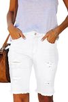 Metietila Women's Casual Mid-Rise Ripped Denim Bermuda Shorts Frayed Raw Hem Stretch White Jean Shorts L