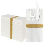 JEBBLAS Disposable Linen Feel Napkins, Built-in Flatware Pocket, Decorative Wedding Napkins with Gold Stripe Print, Folded Party Napkin, Soft, Strong, Absorbent, and Pre-Folded, 50 Pack