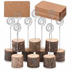 Toncoo 10Pcs Wood Place Card Holders with Swirl Wire and 20 Pcs Kraft Place Cards, Rustic Wood Table Number Holders Stands, Name Cards Photo Holders Party Sign Food Cards Label