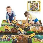 Yetech 7-1n-1 Construction Vehicles Toys Set with Play Mat - 7 Sturdy Engineering Trucks Toys, 27.6 * 31.5inches Play Mat, Christmas Birthday Gift for Toddlers Boys 3 4 5 6 7 Years Old