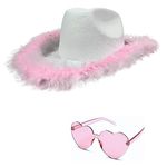 4E's Novelty White Cowboy Hat with Pink Feathers with Heart Shaped Sunglasses for Women, Cowgirl Hat for Women