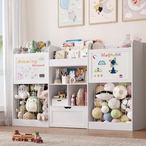70.8" W Toy Organizers and Storage, 378L Large Stuffed Animal Storage with 3-Tier Bookshelf, 2 Magnetic Drawing Boards and Open Cubbies & Rolling Drawer for 120+ Plush Toys, Playroom Nursery, White