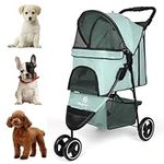 Zevcri Dog Pram for Small Dogs Cats Lightweight Folding Dog Stroller 3 Wheels Foldable Dog Puppy Doggie Pushchair Buggy Travel Pet Carrier Trolley on Wheels with Storage Basket, Light Green