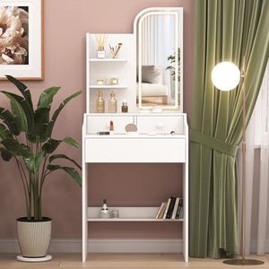 Small Dressing Table with LED Mirror Lights, Vanity Desk with 3 Drawers & Side Storage Shelves, Makeup Desk Compact Vanity Table 3 Color Lighting, Bedroom Makeup Vanities Narrow 60cm Modern