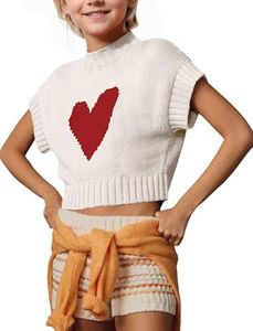 JiAmy Crop Tops for Girls Short Sleeve Knit Tank Top Crewneck Cute Heart Pullover Sweater Fashion Casual Shirts Off-White