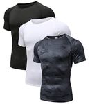 Holure Men's (Pack of 3) Workout Athletic Compression Short Sleeve Men Gym Shirts Black/White/Camo Black 07 L